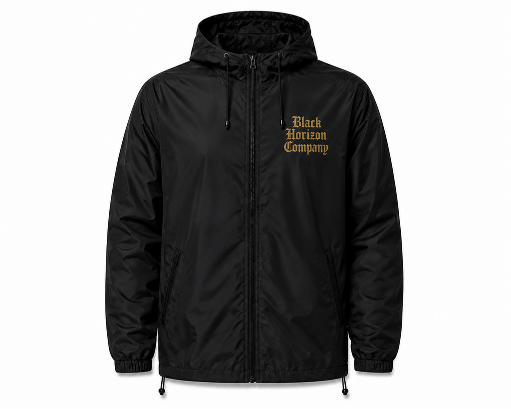 Black wind breaker with gold logo